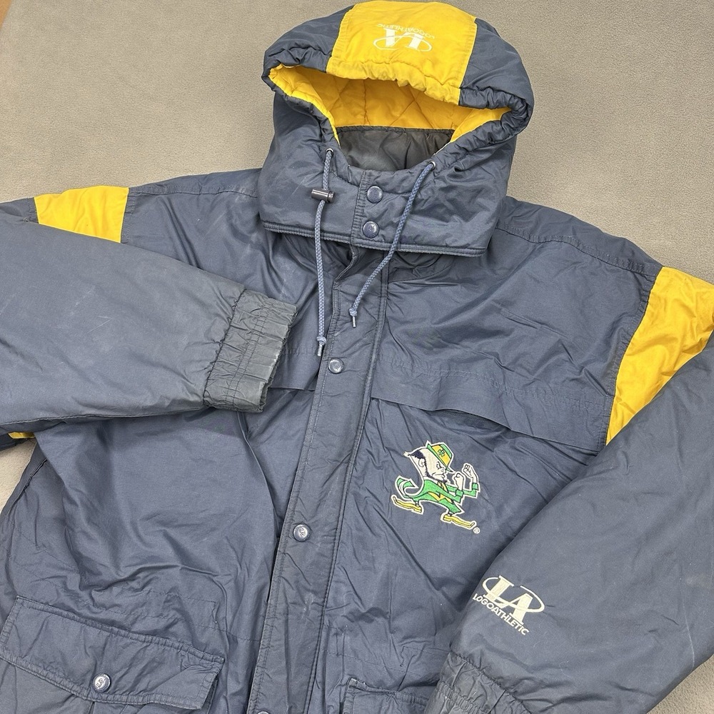 Vtg Logo Athletic Notre Dame Fighting Irish Puffer Jacket XL Blue Gold Hooded